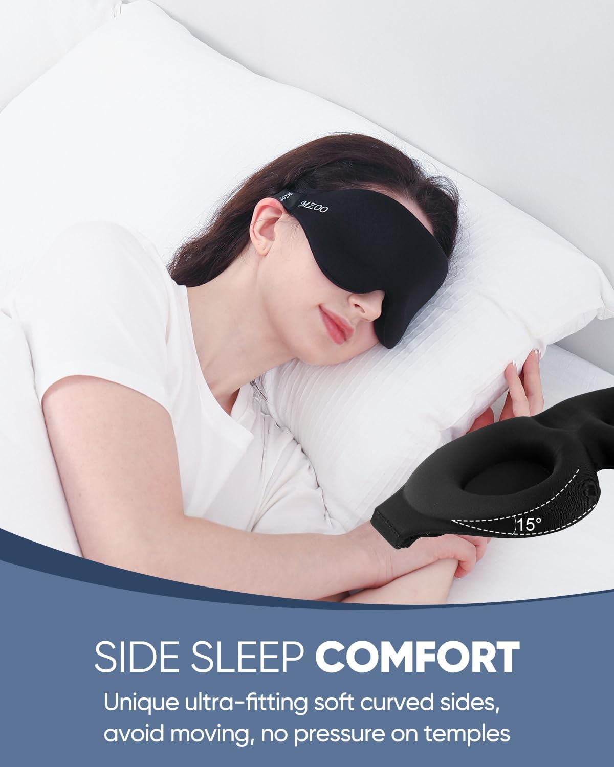 MZOO Luxury Sleep Mask for Women Men Patented Light Blocking Design | Zero Eye Pressure, 3D Contoured Sleeping Mask for Side Sleeper, Breathable, Adjustable, for Travel, Black - Image 3