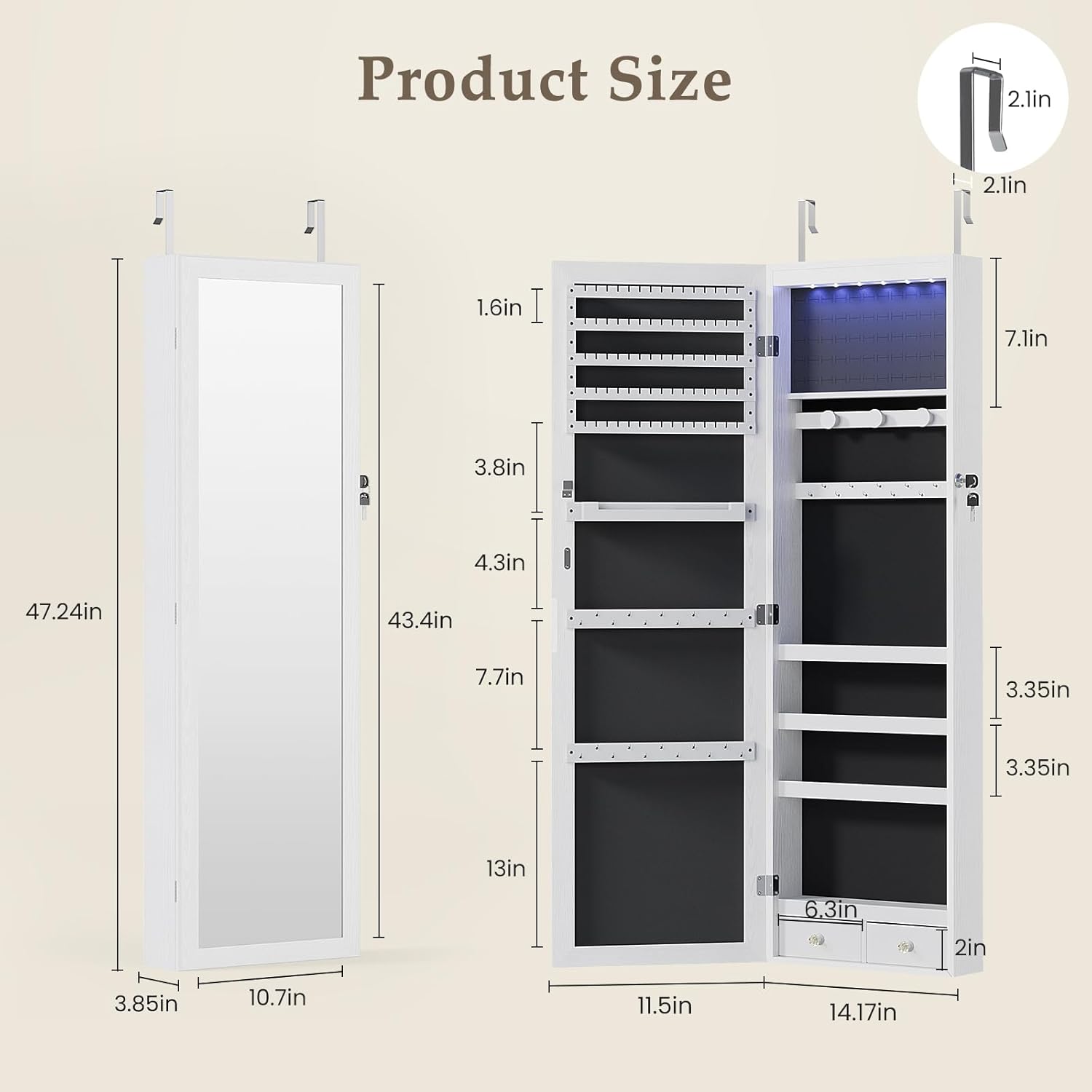 DUMOS 6 LEDs Mirror Jewelry Cabinet, Wall or Door Mounted Jewelry Organizer, 47.2-Inch Tall Lockable Large Capacity Cosmetic Storage, Gift Idea, White | Hanging Door or Wall Mounted Mirror, Lockable, Large Capacity Cosmetic Storage, 2 Drawers, Gift Idea, White - Image 2