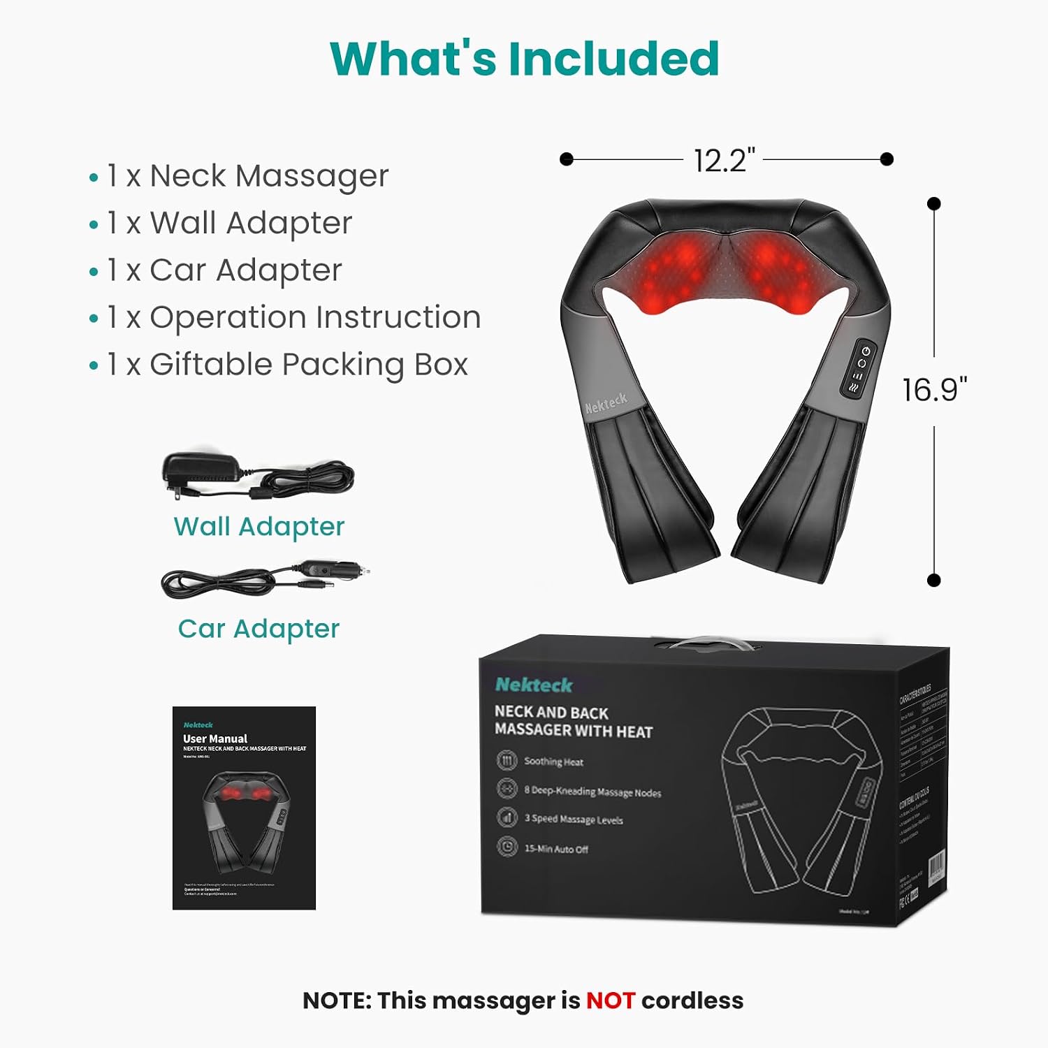 Nekteck Shiatsu Neck Massager with Heat for Pain Relief, NOT Cordless | 2026 Upgraded 3D Back Shoulder Kneading Massage Pillow, 3 Intensity Speeds Deep Tissue, Relaxation Gifts for Men Women, Black - Image 9
