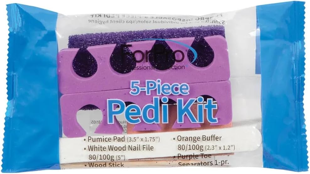 ForPro 5-Piece Pedi Kit, 100-Count, Individually-Packed Pedicure Set, Purple Pumice Pad, Wood Nail File 80/100 Grit, Mini Buffer 80/100 Grit, Wood Stick, Toe Separators - Image 3