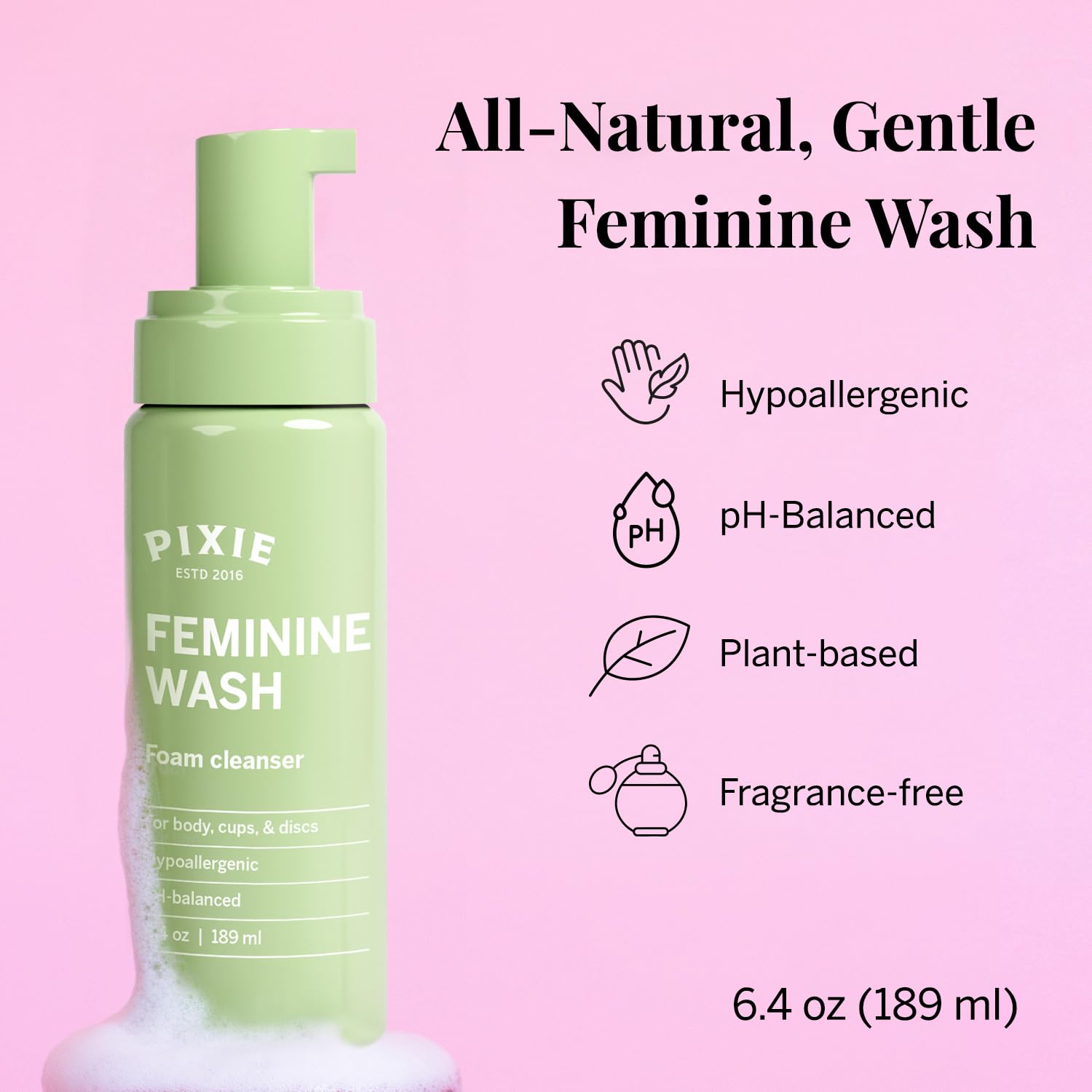 Pixie Foaming Feminine Wash - All Natural Plant-Based Ingredients - Ranked 1 On Gentle Cleaner for Intimate Care, Menstrual Cups and Discs - pH Balanced, Hypoallergenic, Fragrance-Free (6.4oz) - Image 2
