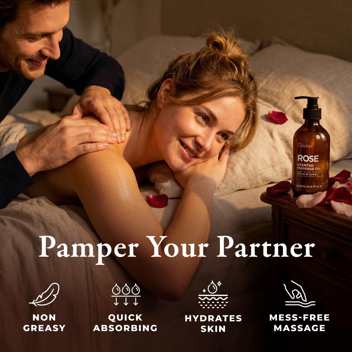 Gya Labs Rose Massage Oil - 6.76 Fl Oz - Delivers Deep Relaxation with Luxurious Feel, Offers Deep Hydration for Skin - Made with Authentic Rose Otto, Non-Greasy Formula, Non-GMO and Cruelty-Free - Image 2