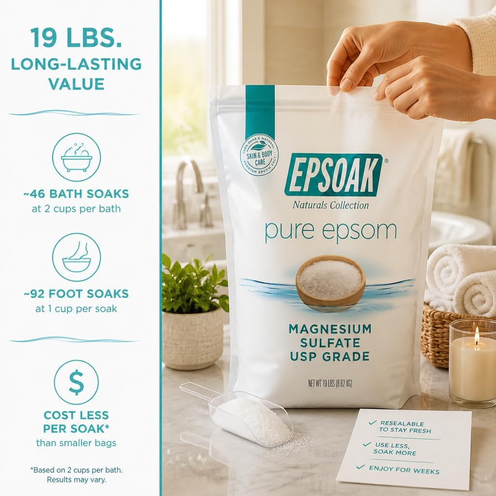 Epsoak Epsom Salt 19 lb. Magnesium Sulfate USP. Resealable Epsom Salt Bag Unscented, Made in The USA, Cruelty-Free Certified - Image 2