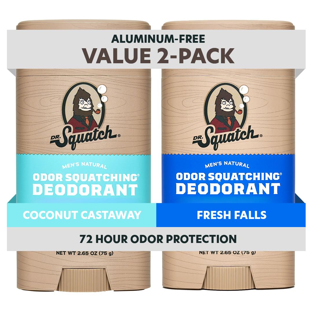 Dr. Squatch Natural Men’s Deodorant – Aluminum Free Natural Deodorant Men with Charcoal & Postbiotics for 72-Hour Odor Protection – Coconut Castaway + Fresh Falls, 2.65oz Stick (2-Pack)