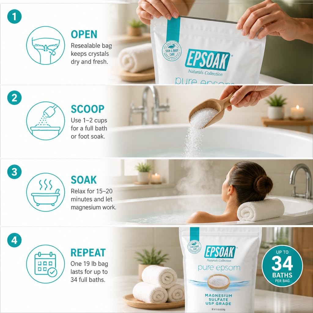 Epsoak Epsom Salt 19 lb. Magnesium Sulfate USP. Resealable Epsom Salt Bag Unscented, Made in The USA, Cruelty-Free Certified - Image 4