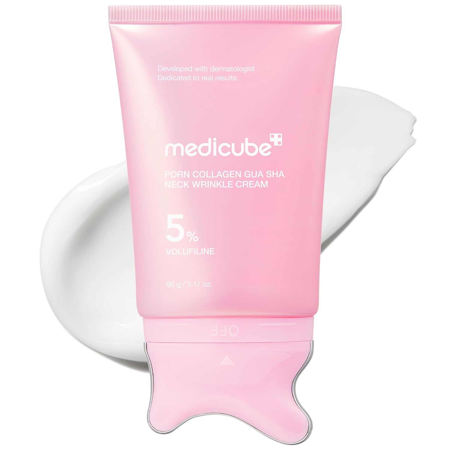medicube PDRN Collagen Gua Sha Neck Wrinkle Cream - Firming, Contour Care | Built-In Gua Sha Massager with Volufiline 5% - For the Look of Fine Lines, Jawline, Neck, Décolleté, Korean Skincare, 3.17 oz