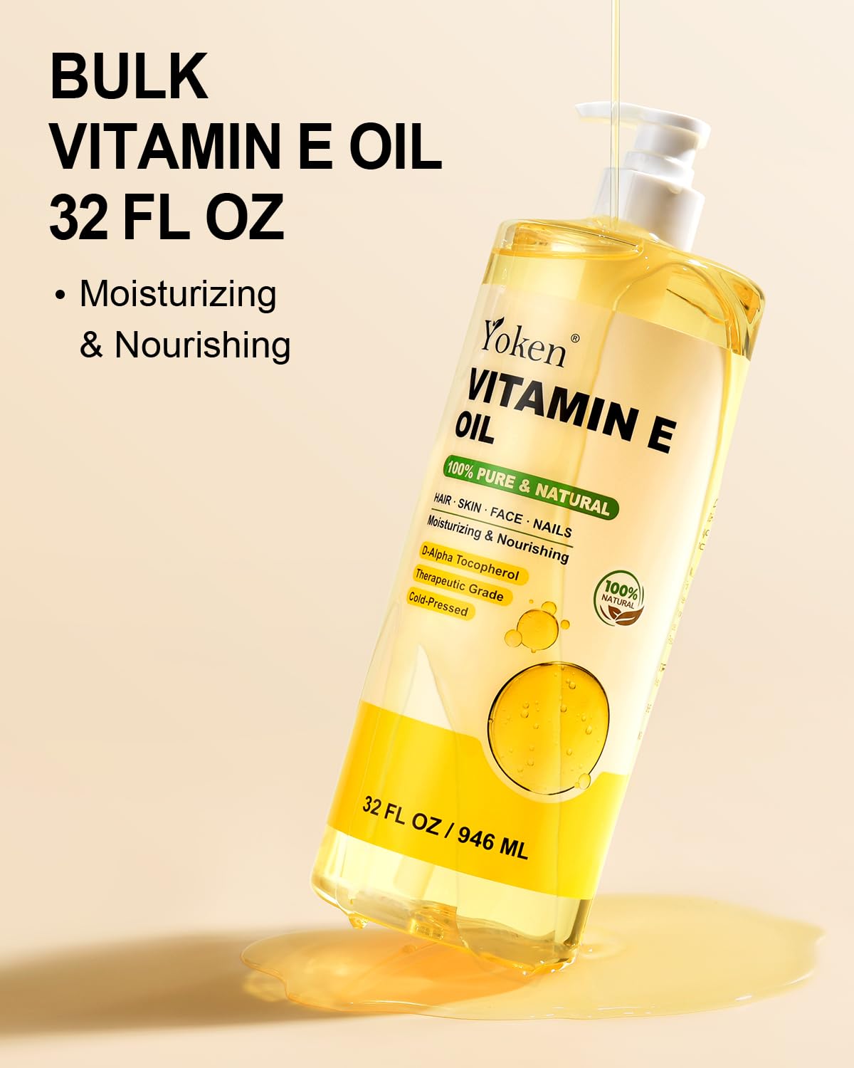 Yoken Vitamin E Oil for Skin 32 Oz Bulk Cold Pressed DIY Body oils for Face | Pure D-Alpha Tocopherol Vitamine Liquid Nails Vit e Women Moisturizing Dry Face Unscented Carrier Oil Hydrate Hexane Free - Image 2