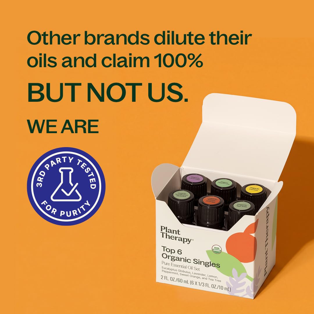 Plant Therapy Top 6 USDA Organic Essential Oil Set for Diffusion & Topical | Includes Lavender, Peppermint, Eucalyptus, Lemon and Tea Tree Pure Essentail Oils, 10 mL (1/3 oz) Each - Image 6