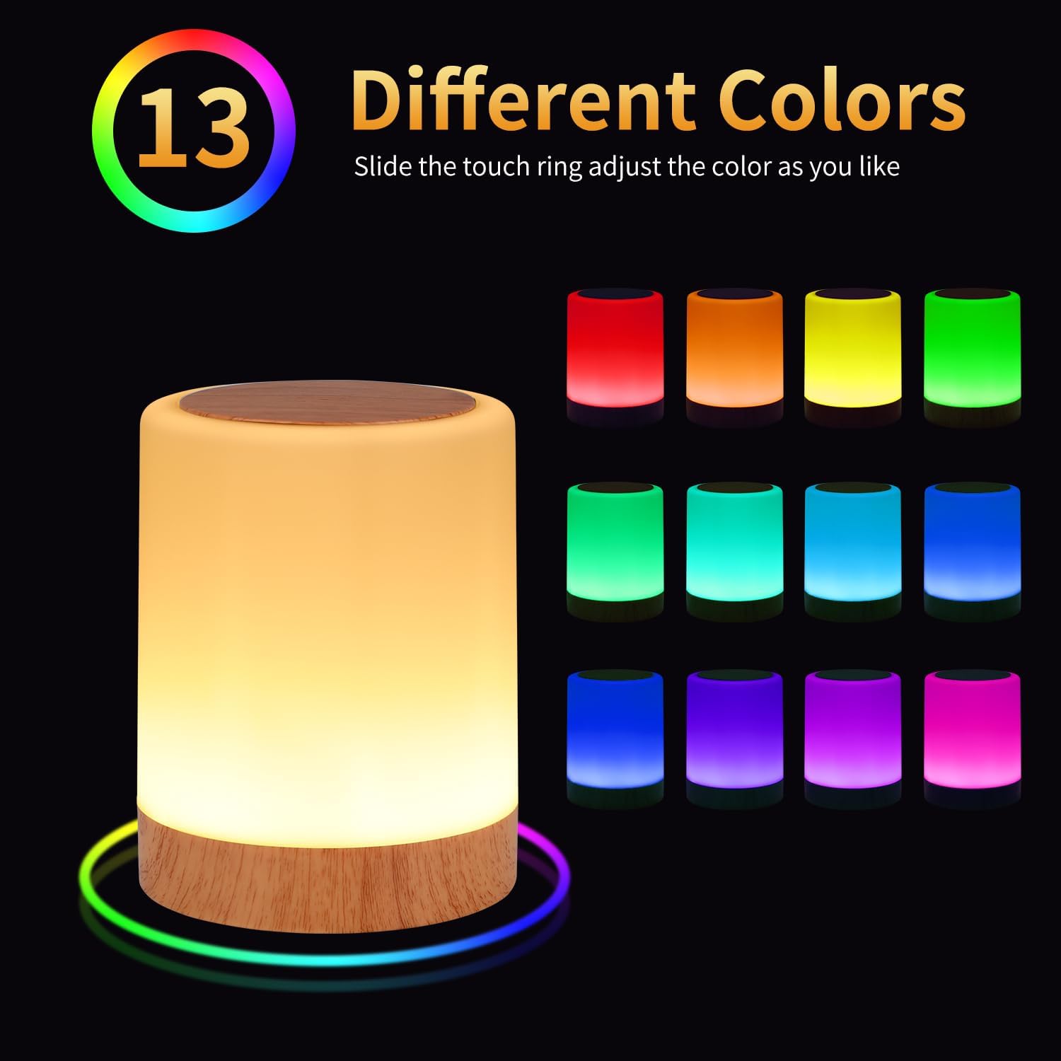 OORUN Touch Bedside Table Lamp,13 RGB Colors & 5 Brightness, USB Rechargeable Desk Lamp, Remote Control Dimmable Night Light with RGB Color Changing,Portable Lamp for Baby, Bedroom, Living Room - Image 3
