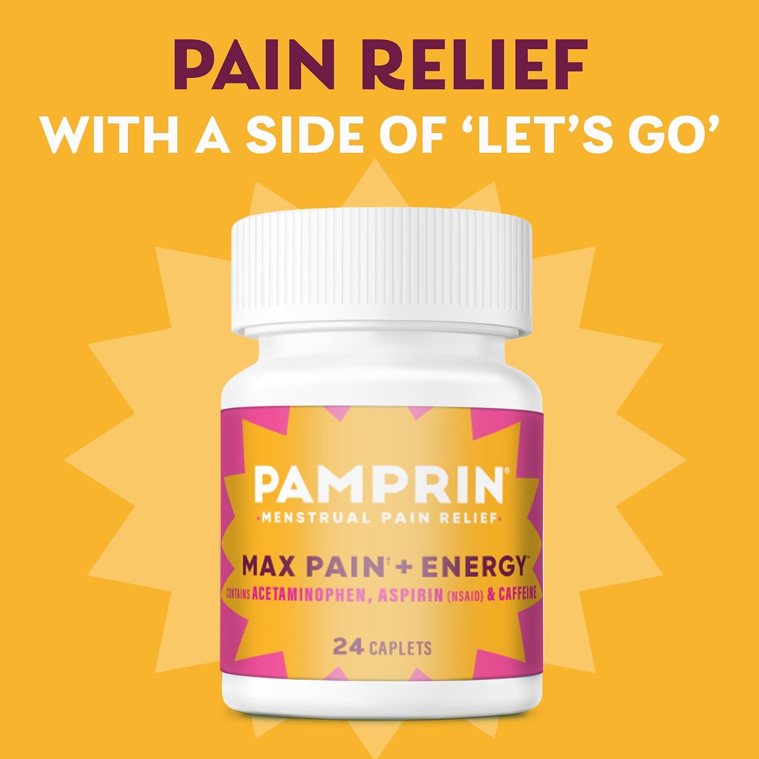 Pamprin Maximum Strength Max Pain and Energy Formula, Menstrual Period Symptoms Relief for Cramps, Bloating and Fatigue, 24 Caplets - Image 2
