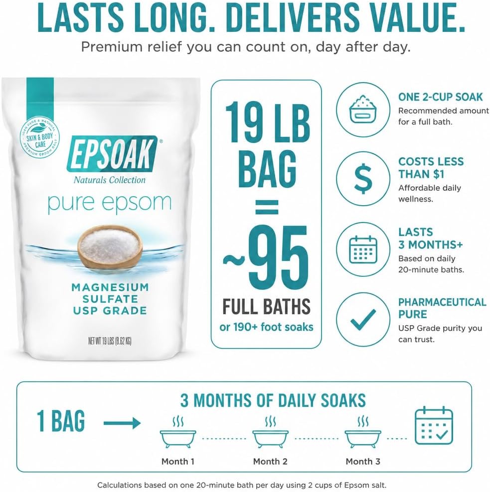 Epsoak Epsom Salt 19 lb. Magnesium Sulfate USP. Resealable Epsom Salt Bag Unscented, Made in The USA, Cruelty-Free Certified - Image 5