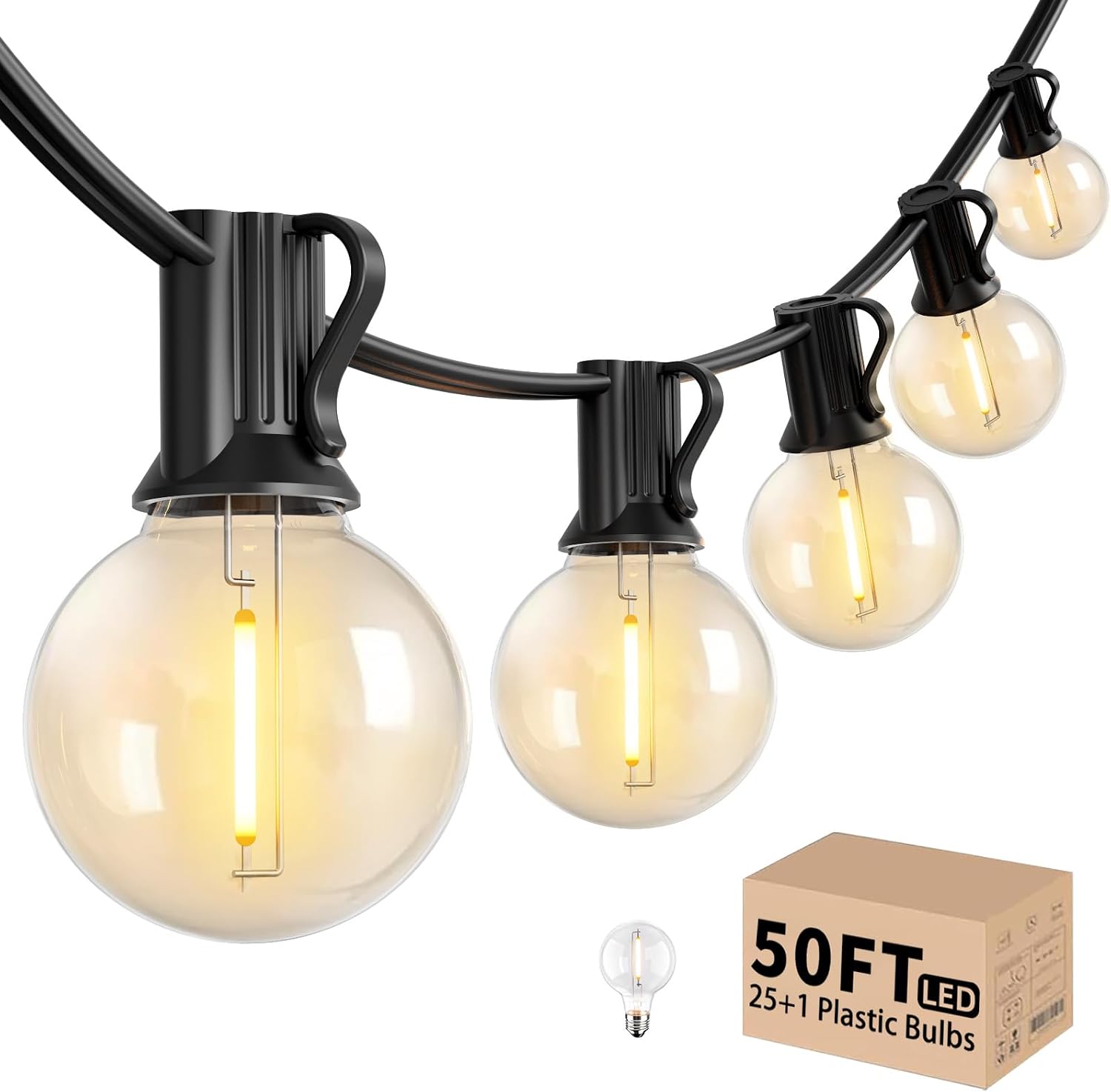 LACHON Outdoor String Lights Waterproof 50 FT with 25 G40 IP65 Bulbs | Dimmable,Connectable,Shatterproof,2700K Warm White,Perfect For Any Outdoor Space,Patio,Backyard,Cafe,Bistro,Porch,Market