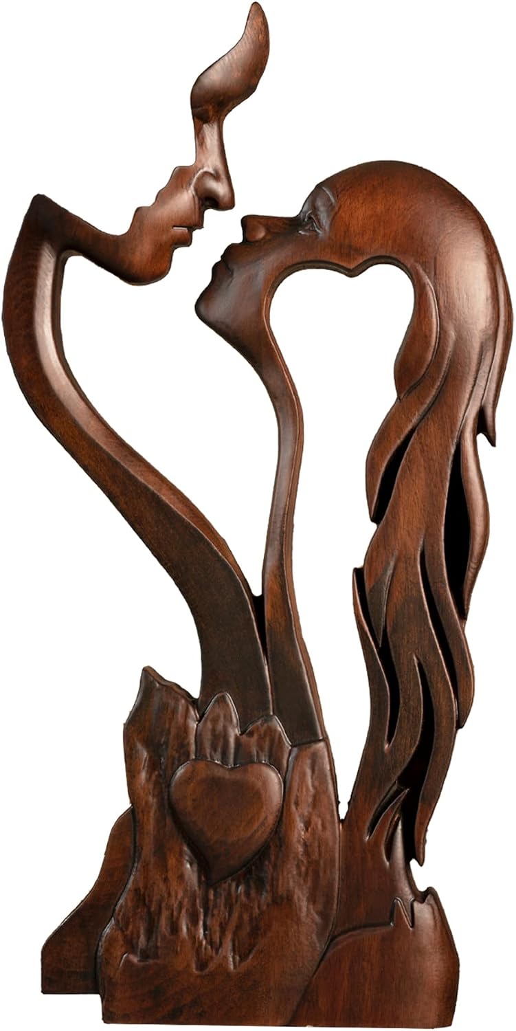 Wooden Kissing Couple Ornament, Abstract Couple Portrait Sculpture Romantic Love Statue Decor Gift for Women Anniversary Valentine Wedding - 10 Inch | 10 Inch, Handmade, Beechwood, Abstract Love Sculpture for Women Couple
