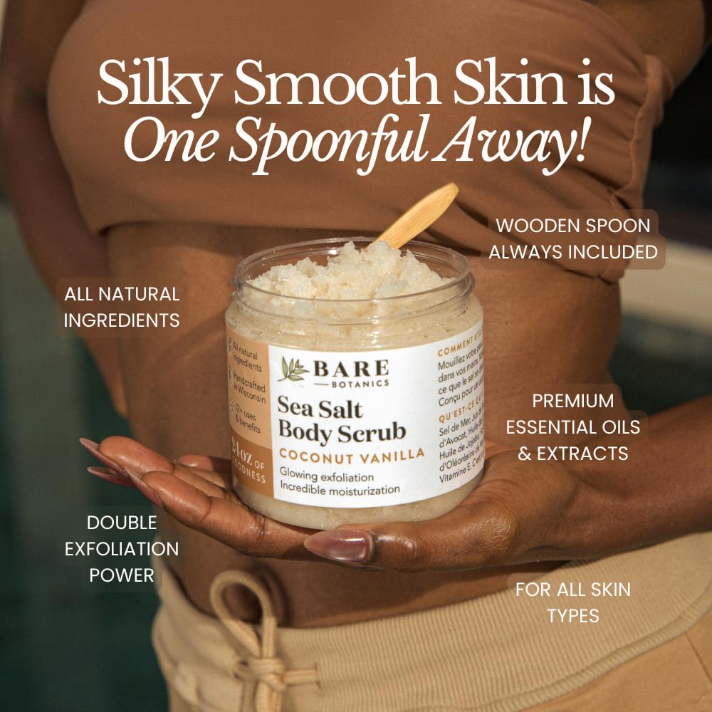 Bare Botanics Coconut Coffee Body Scrub 24oz | Made in Madison, WI | All Natural Sea Salt Exfoliator w/ Skin Loving Moisturizers | Vegan & Cruelty Free | Gift Ready Packaging w/ a Cute Wooden Spoon | All Natural, Non Toxic, Vegan and Cruelty Free | Handpoured in Madison, WI | Ready to Gift | Comes with Cute Wooden Spoon - Image 6