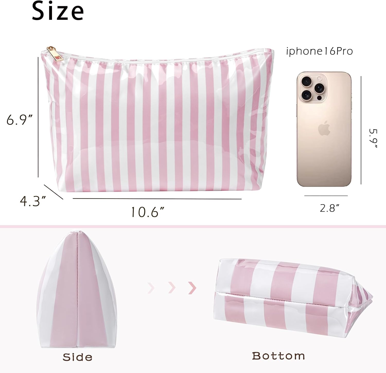Large PVC Waterproof Striped Makeup Bag(04Pink Stripe) | Clear Coated, Easy to Clean Cosmetic Bags Travel Organizer Zipper Pouch Beach Vacation Essentials for Women Girls - Image 2