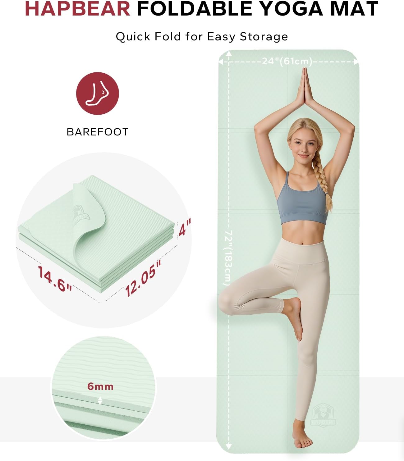 HAPBEAR Foldable Yoga Mat - 72"x24"x0.24" (6mm), Non-Slip TPE Exercise Mat | Ideal for Home Workout, Yoga, Pilates, Stretching & Travel, Durable & Eco-Friendly, Includes Carry Bag - Image 2