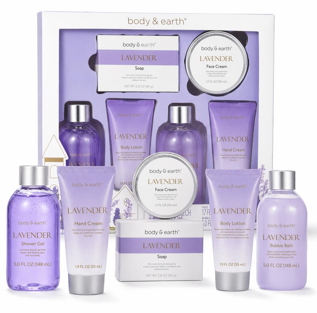 BODY & EARTH Bath and Body Gift Box for Women- 6 Pcs Lavender Bath Kit for Women Spa Set, Birthday, Christmas Gift Set Includes Bubble Bath, Shower Gel, Body Lotion