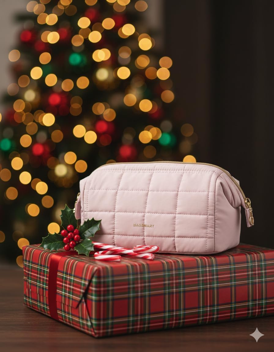 BAGSMART Makeup Bag Travel Toiletry Bag, Wide-open Zipper Pouch, Pink | Puffy Padded, Travel Essentials, Make Up Bag, For Women, Makeup Organizer, Toiletries Accessories Brushes - Image 2