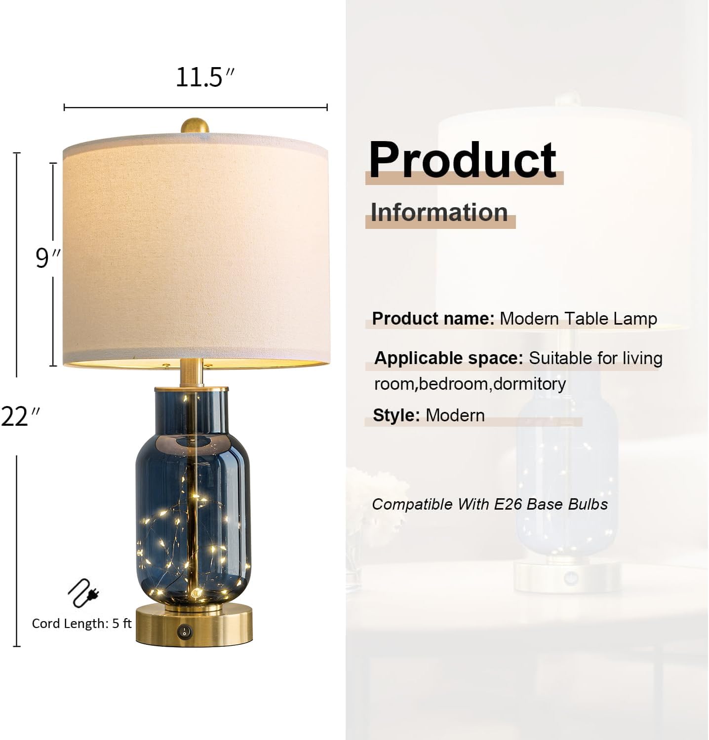 22" Glass Table Lamps Set of 2, Blue Modern Bedside Lamp with LED Night Light for Living Room, Nightstand Lamp with USB Ports for Bedrooms, Study Room, End Table(2 Bulbs Included) - Image 3