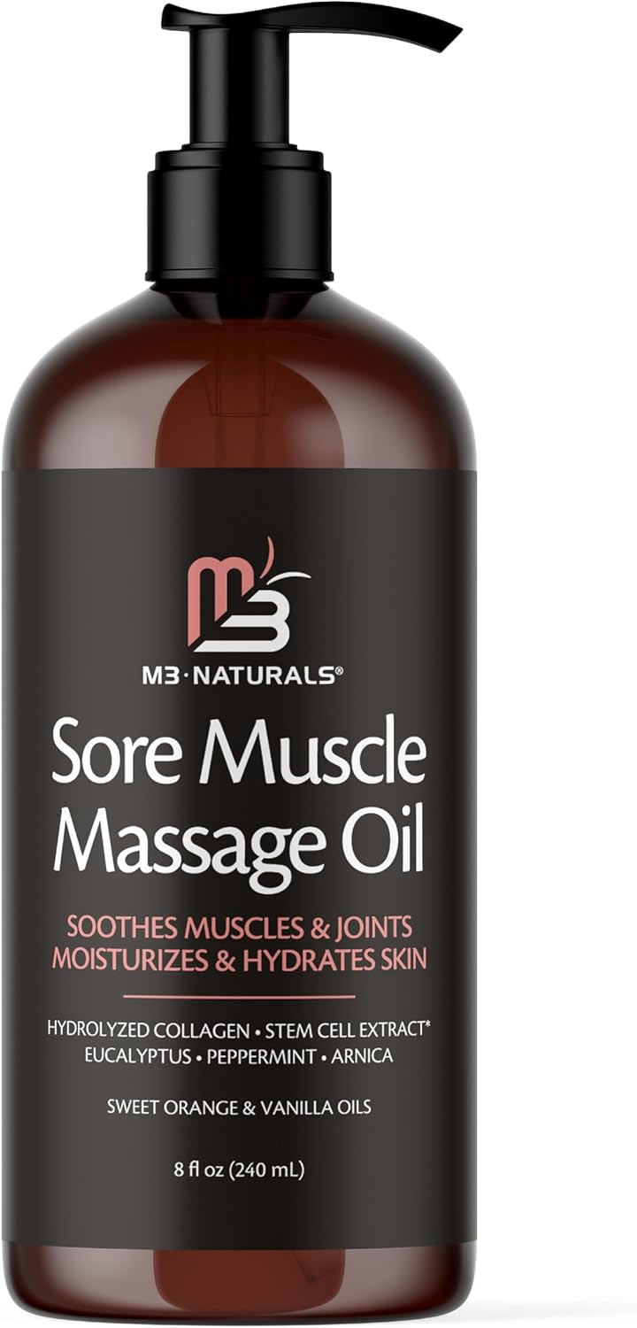 Arnica Massage Oil for Sore Muscles with Collagen, Stem Cells 8 fl oz by M3 | Fast-Absorbing Massage Oil for Full-Body Use, Soothes Muscles & Joints, Moisturizes Skin, Helps Smooth Skin Texture