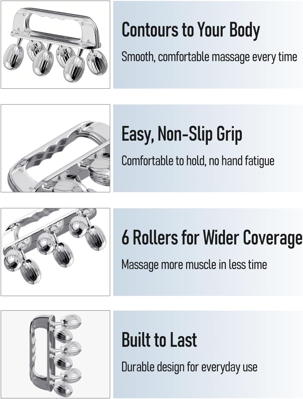 Yeamon Stainless Steel Handheld Muscle Roller, Deep Tissue Body Massager with 3 V-Shaped Roller Sets, Ergonomic Grip Manual Massage Tool for Arms, Legs & Back Relief, Post Workout Recovery - Image 5