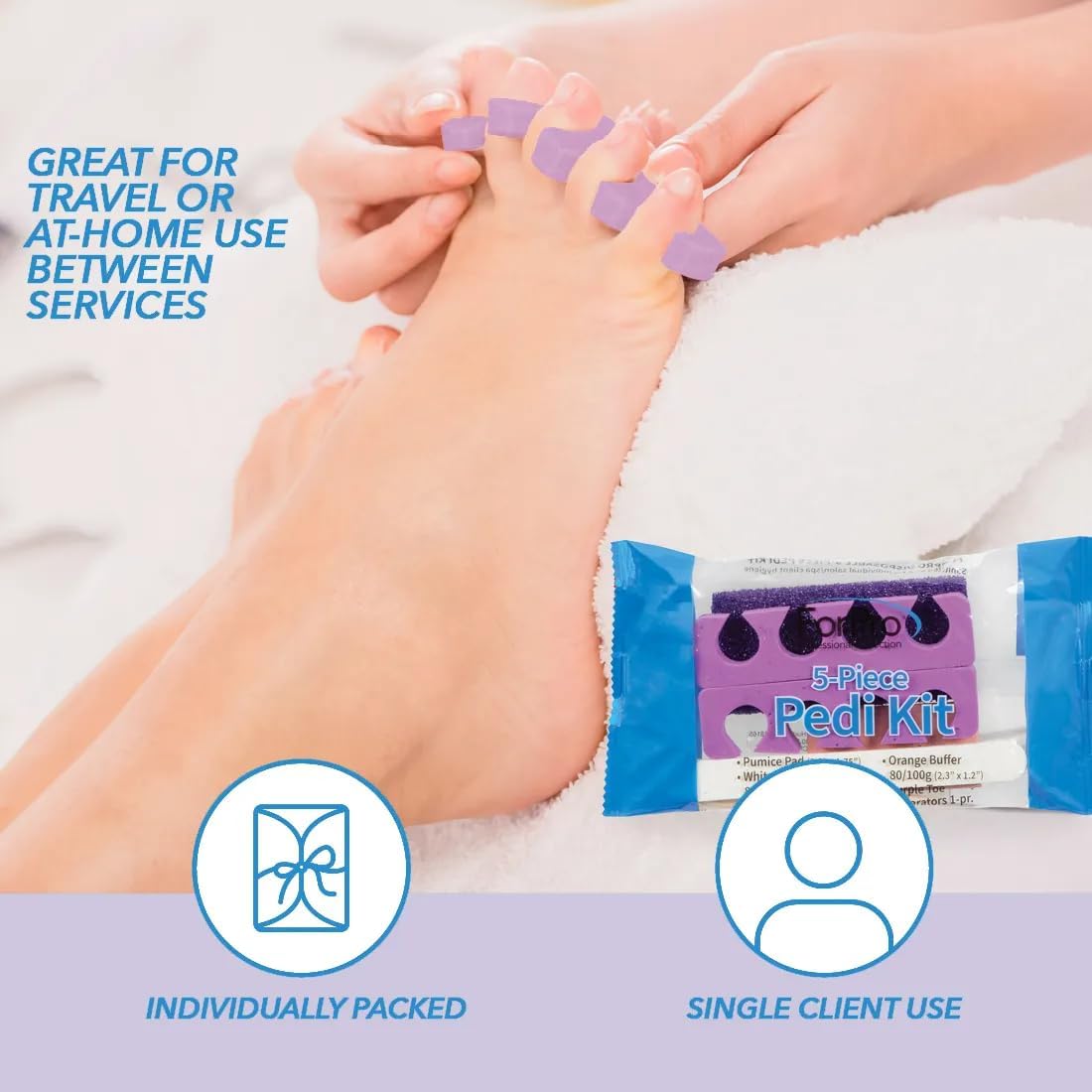 ForPro 5-Piece Pedi Kit, 100-Count, Individually-Packed Pedicure Set, Purple Pumice Pad, Wood Nail File 80/100 Grit, Mini Buffer 80/100 Grit, Wood Stick, Toe Separators - Image 6