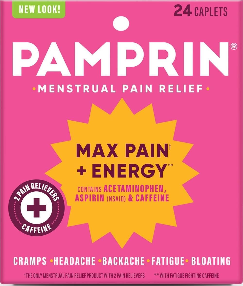 Pamprin Maximum Strength Max Pain and Energy Formula, Menstrual Period Symptoms Relief for Cramps, Bloating and Fatigue, 24 Caplets