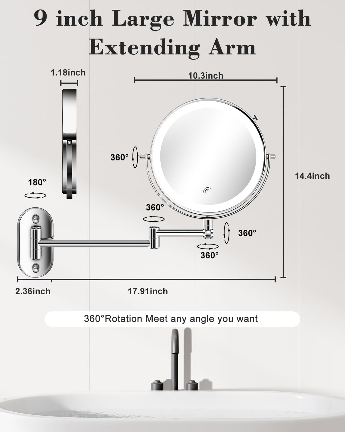 9'' 30X/1X Wall Mounted Height Adjustable Lighted Magnifying Makeup Mirror | 5000mAh Rechargeable Bathroom Mirror with 3 Color Modes Light, Extended Arm Space Saving for Apartment, Hotel, Rental House - Image 4