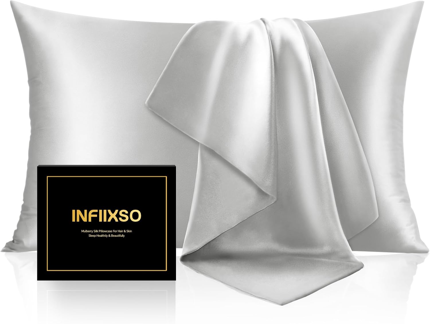 INFIIXSO Mulberry Silk Pillow Cases Standard Size with Zipper, Light Grey | Ultra Smooth & Soft Silk Pillowcase for Hair & Skin, Cooling Pillow Cover for Hot Sleepers, Hidden Zipper, 1Piece 20"x26"