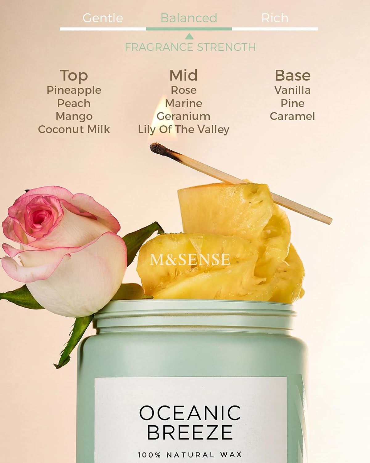 M&SENSE Candle Oceanic Breeze Home Scented, 19.4oz 110H Natural Soy Wax | Organic Non Toxic, Long Lasting, 2 Wick Pineapple & Mango Fresh Scent for Stress Relief, Aromatherapy Gifts for Women/Men - Image 2