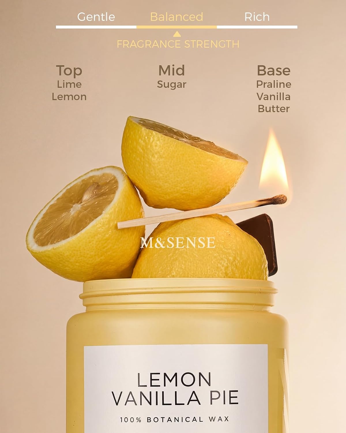 M&SENSE Lemon Vanilla Home Scented Candles, 19.4oz Natural Soy Wax, 110H | Large Long Lasting, Organic Non Toxic, Citrus Scent for Relaxation Odor Eliminating, Housewarming Fragrance for Men Women - Image 2