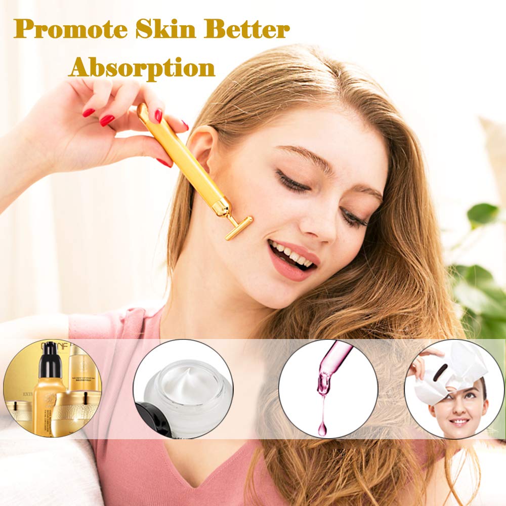 Face Massager Facial Roller Kit | Electric, Golden 3D V Type Facial Roller and T Shape Massager with Gentle Vibration, for Lymphatic Drainage Skincare Ritual - Image 4