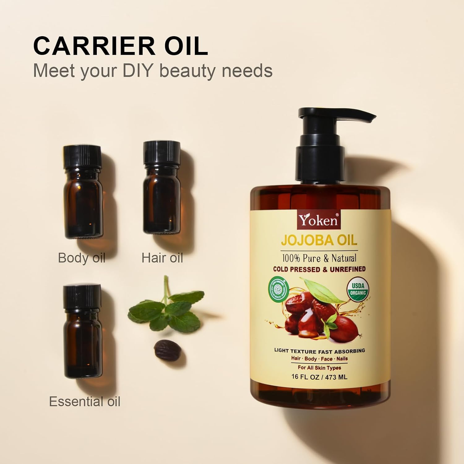 Yoken Organic Jojoba Oil 16oz, USDA Certified Cold Pressed for Skin Care | Cold Pressed Body Oil Women After Shower Unscented Carrier Massage Moisturizer Hydrating Nourishing Essential Mixing - Image 5