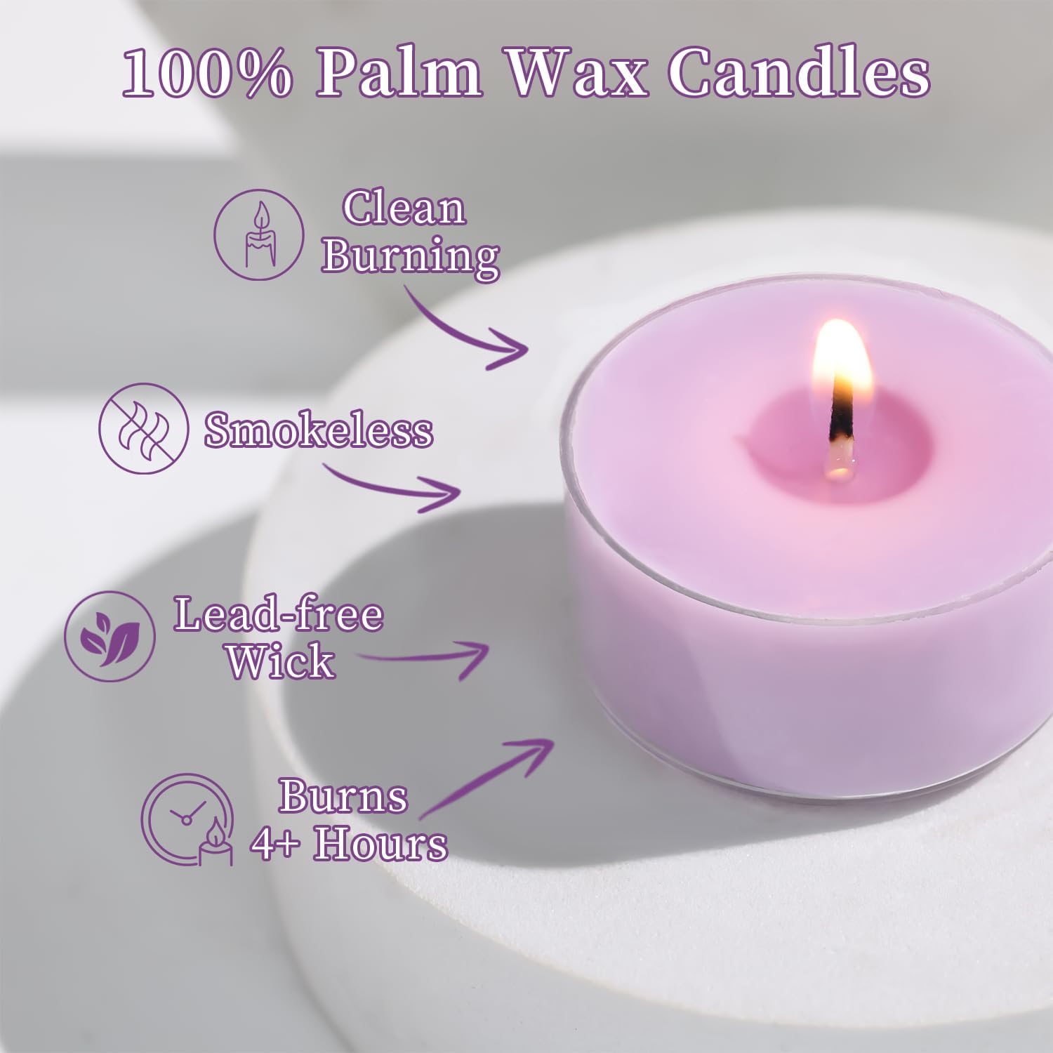 Scented Tea Lights Candles, Lavender Twilight, 48 Pack – Purple Scented Tealight Candles – 100% Palm Wax, 6 Hour Burn Aromatherapy Tea Light Votive Candle for Relaxation, Spa, Yoga, Home Decor - Image 5