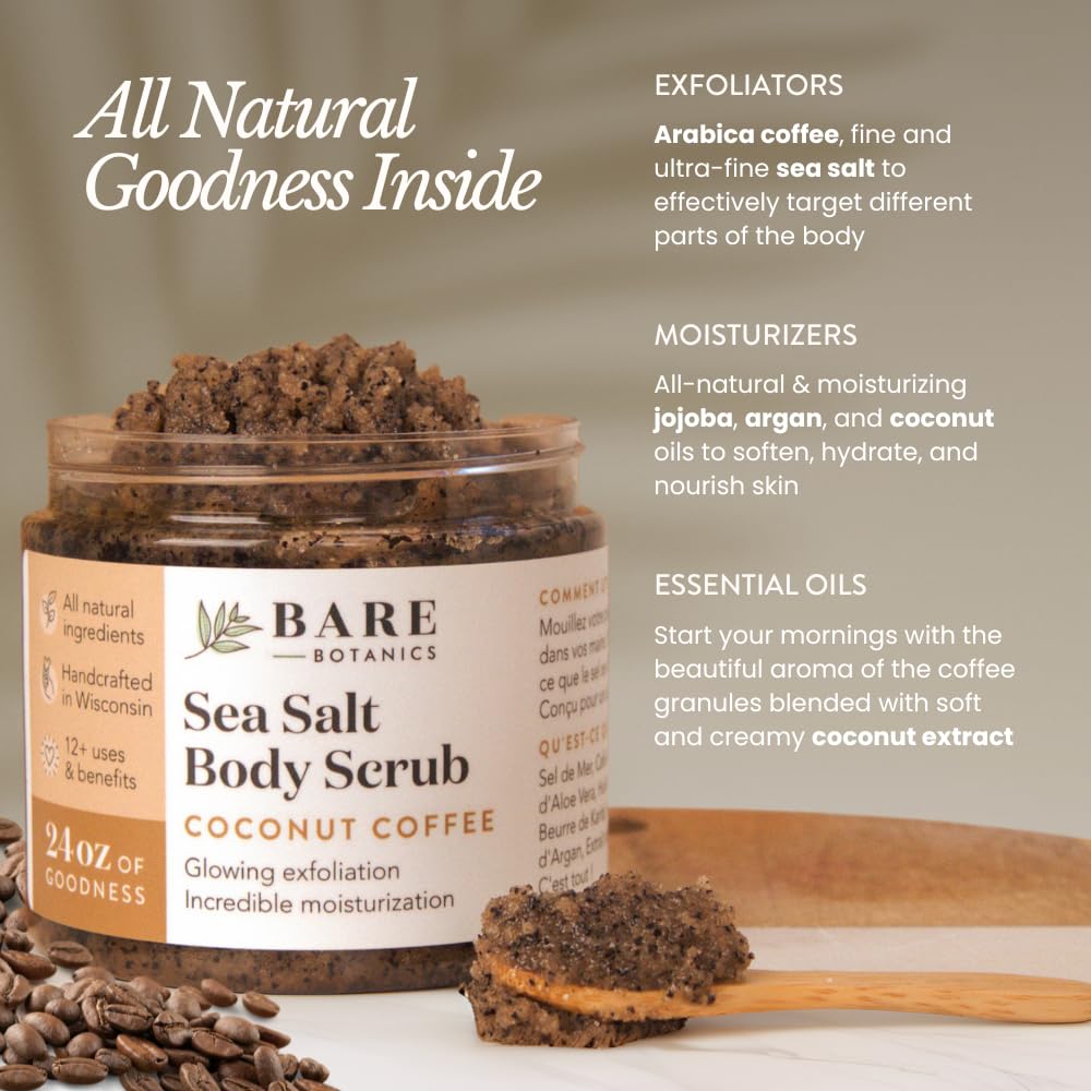 Bare Botanics Coconut Coffee Body Scrub 24oz | Made in Madison, WI | All Natural Sea Salt Exfoliator w/ Skin Loving Moisturizers | Vegan & Cruelty Free | Gift Ready Packaging w/ a Cute Wooden Spoon | All Natural, Non Toxic, Vegan and Cruelty Free | Handpoured in Madison, WI | Ready to Gift | Comes with Cute Wooden Spoon - Image 2