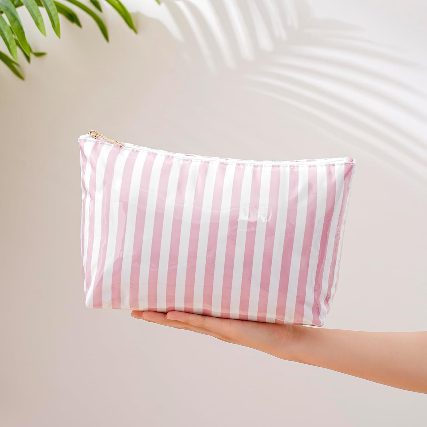 Large PVC Waterproof Striped Makeup Bag(04Pink Stripe) | Clear Coated, Easy to Clean Cosmetic Bags Travel Organizer Zipper Pouch Beach Vacation Essentials for Women Girls - Image 3