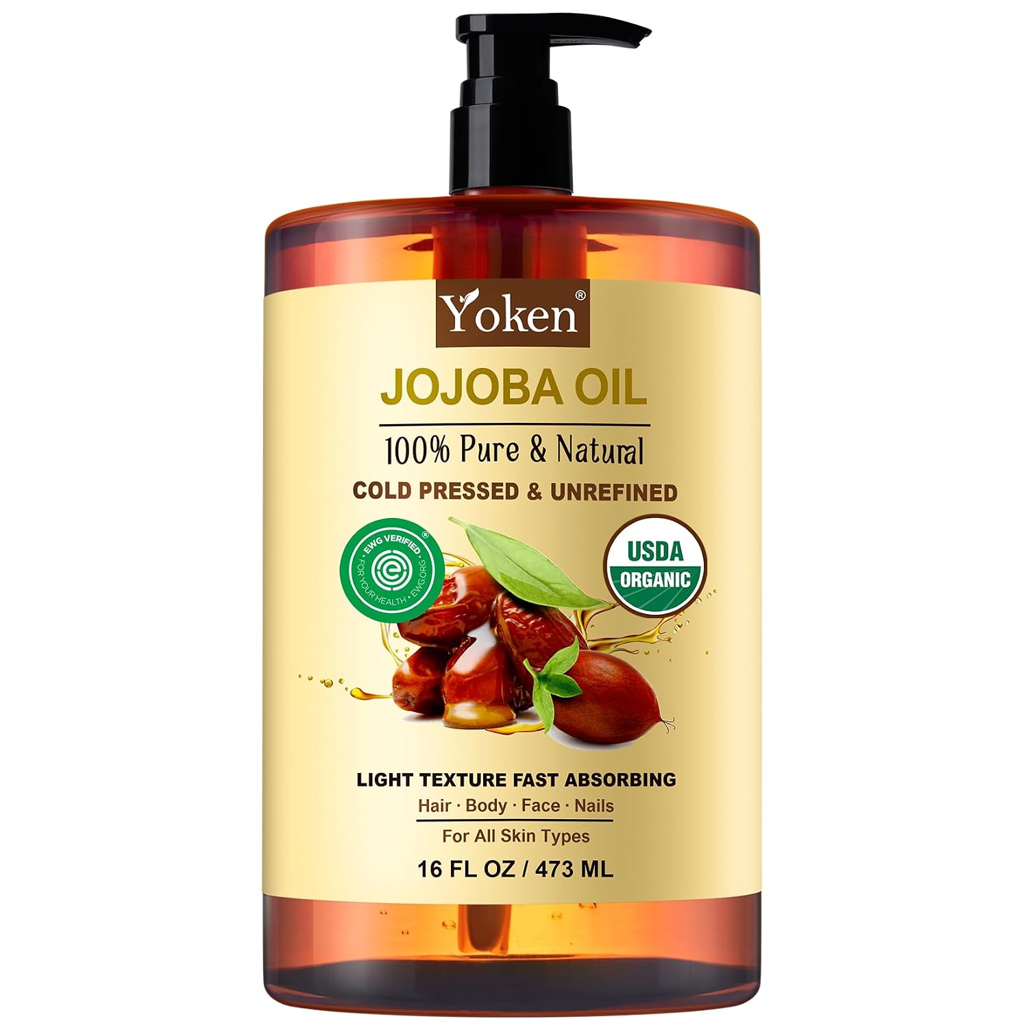 Yoken Organic Jojoba Oil 16oz, USDA Certified Cold Pressed for Skin Care | Cold Pressed Body Oil Women After Shower Unscented Carrier Massage Moisturizer Hydrating Nourishing Essential Mixing
