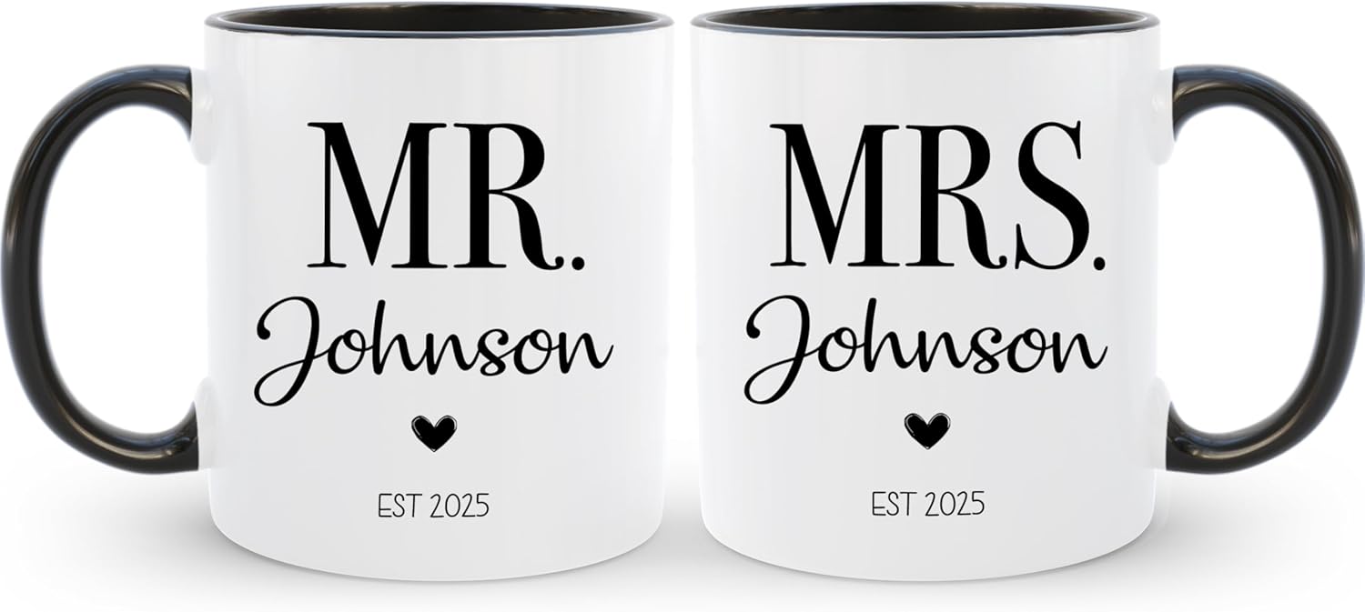 Personalized Mr & Mrs Coffee Mug Set | Customized Couple Gift Set for Engagement, Wedding, Anniversary, Valentine's Day | Custom Name Ceramic Tea Cup | 11 oz (White - Black)