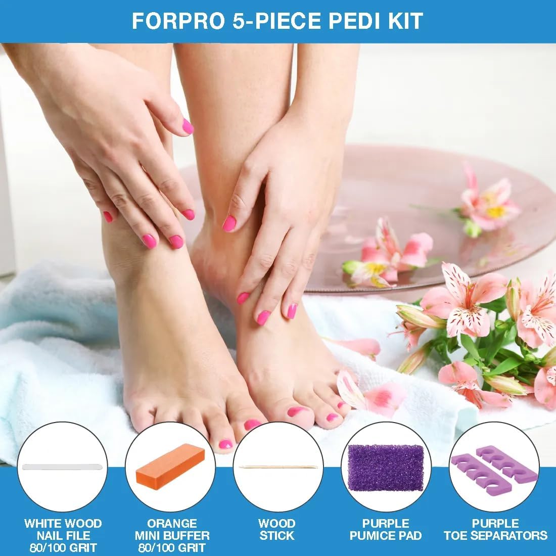 ForPro 5-Piece Pedi Kit, 100-Count, Individually-Packed Pedicure Set, Purple Pumice Pad, Wood Nail File 80/100 Grit, Mini Buffer 80/100 Grit, Wood Stick, Toe Separators - Image 7