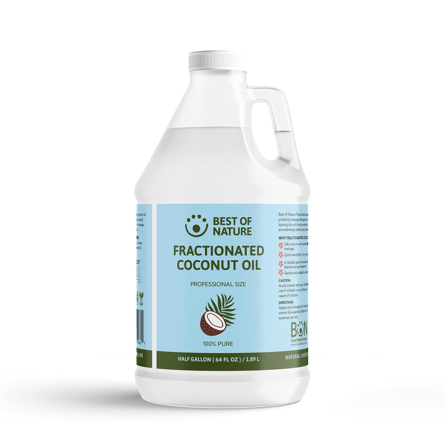 Best of Nature 100% Pure Fractionated Coconut Oil - Natural Massage Oil, Unscented Moisturizer for Men and Women, for Skincare and Hair Care, Carrier for Essential Oils, Half Gallon (64 fl oz)