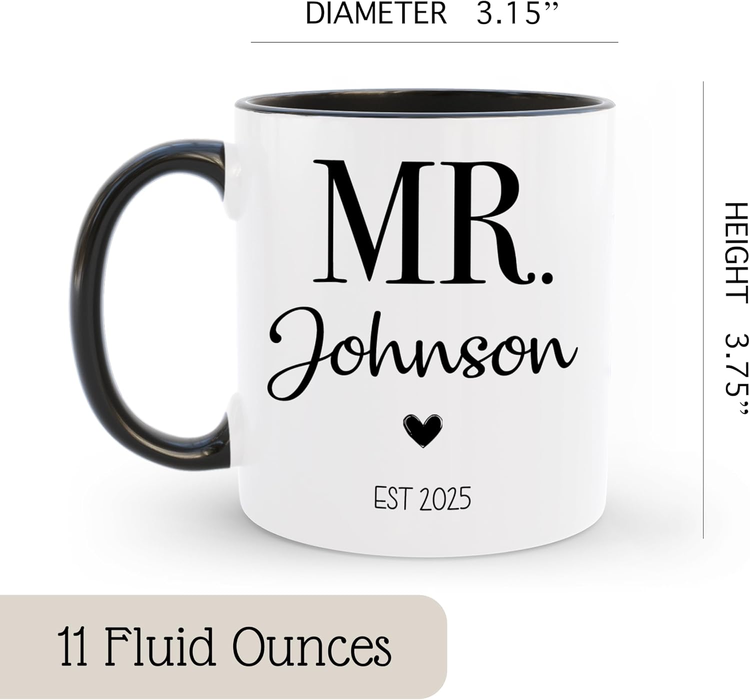 Personalized Mr & Mrs Coffee Mug Set | Customized Couple Gift Set for Engagement, Wedding, Anniversary, Valentine's Day | Custom Name Ceramic Tea Cup | 11 oz (White - Black) - Image 6