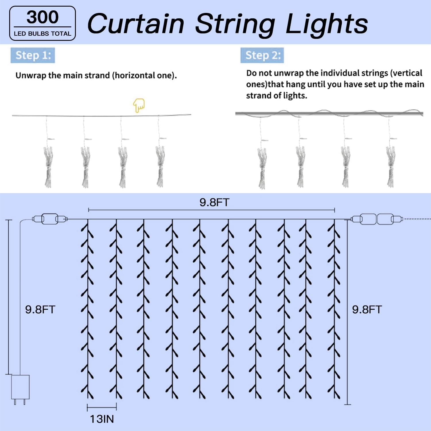 300 LED Cool White Curtain String Lights 9.8x9.8FT Plug in Fairy Lights with 9 Hooks Dimmable Timer & 8 Modes IP44 Waterproof Bedroom Office Wall Wedding Backdrop Christmas Indoor Outdoor Decor - Image 6