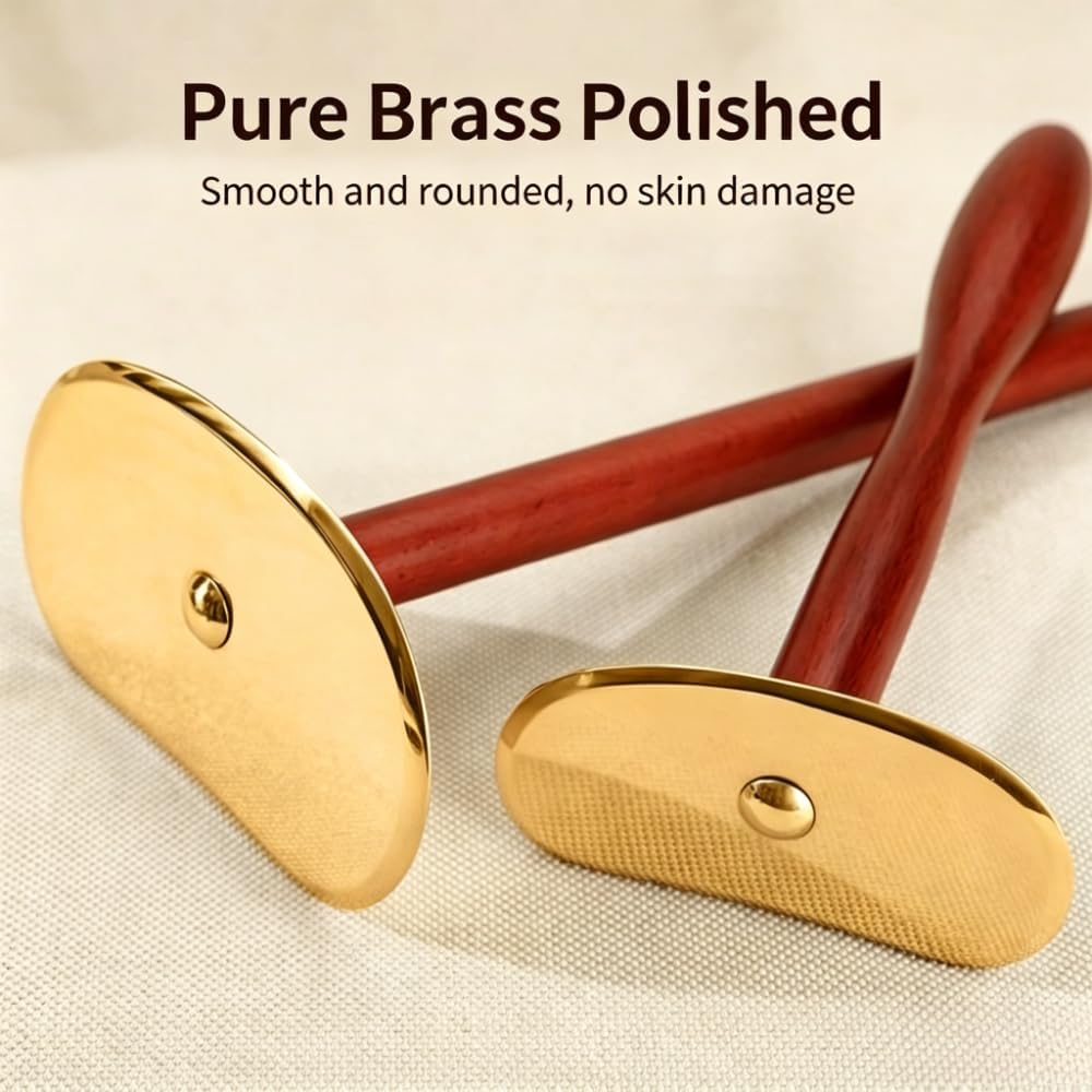 Brass Gua Sha Board with Long Handle, Self-Scraping Massage Tool for Home Use, Full Body Back Gua Sha Scraper with Rosewood Handle (Short Handle) - Image 2