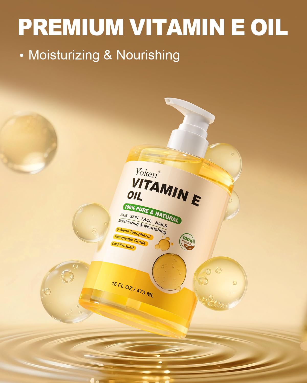 Yoken Vitamin E Oil for Skin 16 Oz Body Bath DIY oils for Face Cold Pressed | Pure D-Alpha Tocopherol Liquid Vitamina Nails Vit e Women Moisturizing Dry Skin Unscented Carrier Oil Hydrate Hexane Free - Image 2
