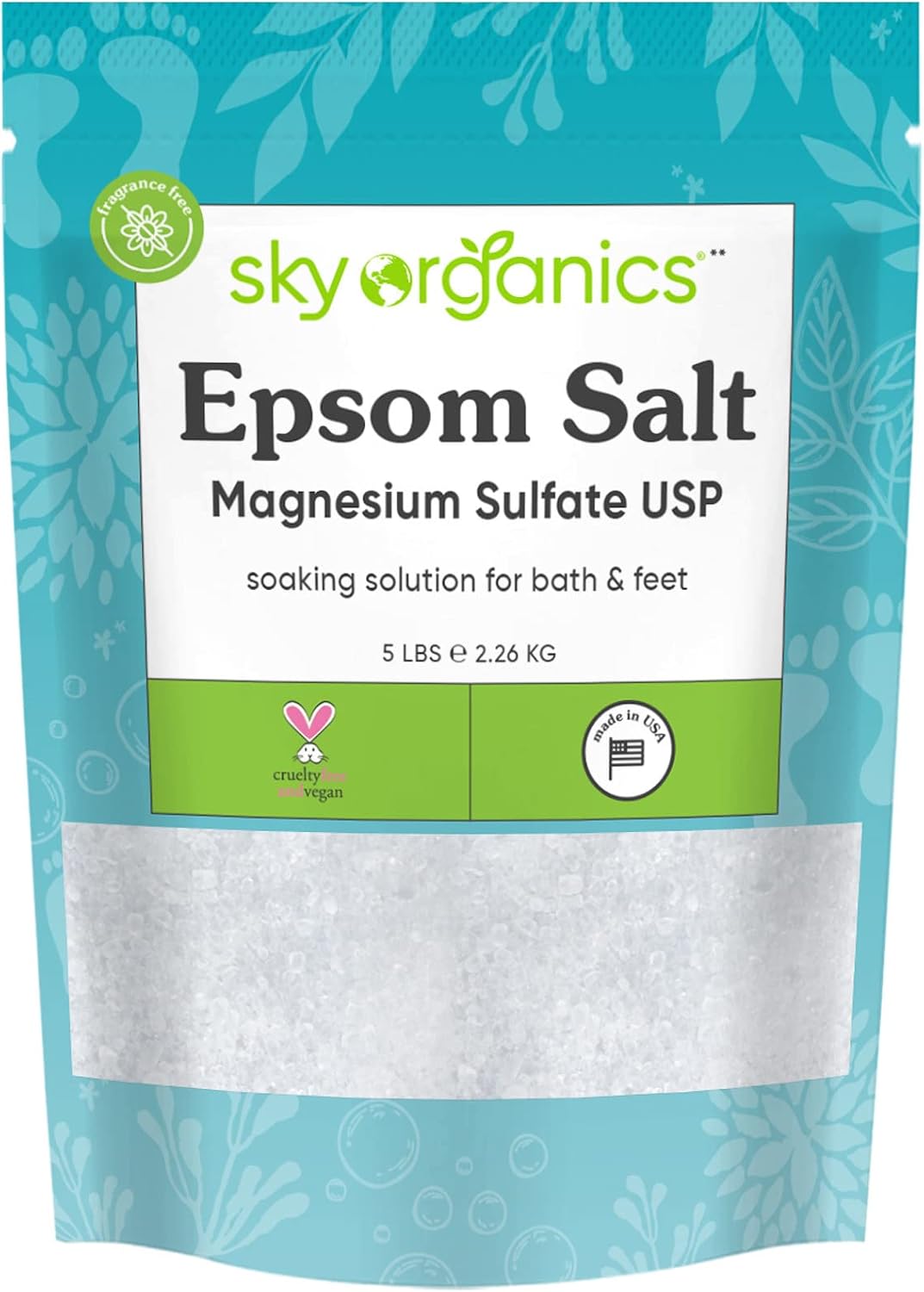 Sky Organics Epsom Salt Bath Soak 5 lbs, Magnesium Sulfate USP, Unscented | 100% Pure Medium Grain, Resealable Bag. Natural, Vegan & Cruelty Free Bath Salts. For Recovery Bath & Foot Soaks. Self Care. - Image 7