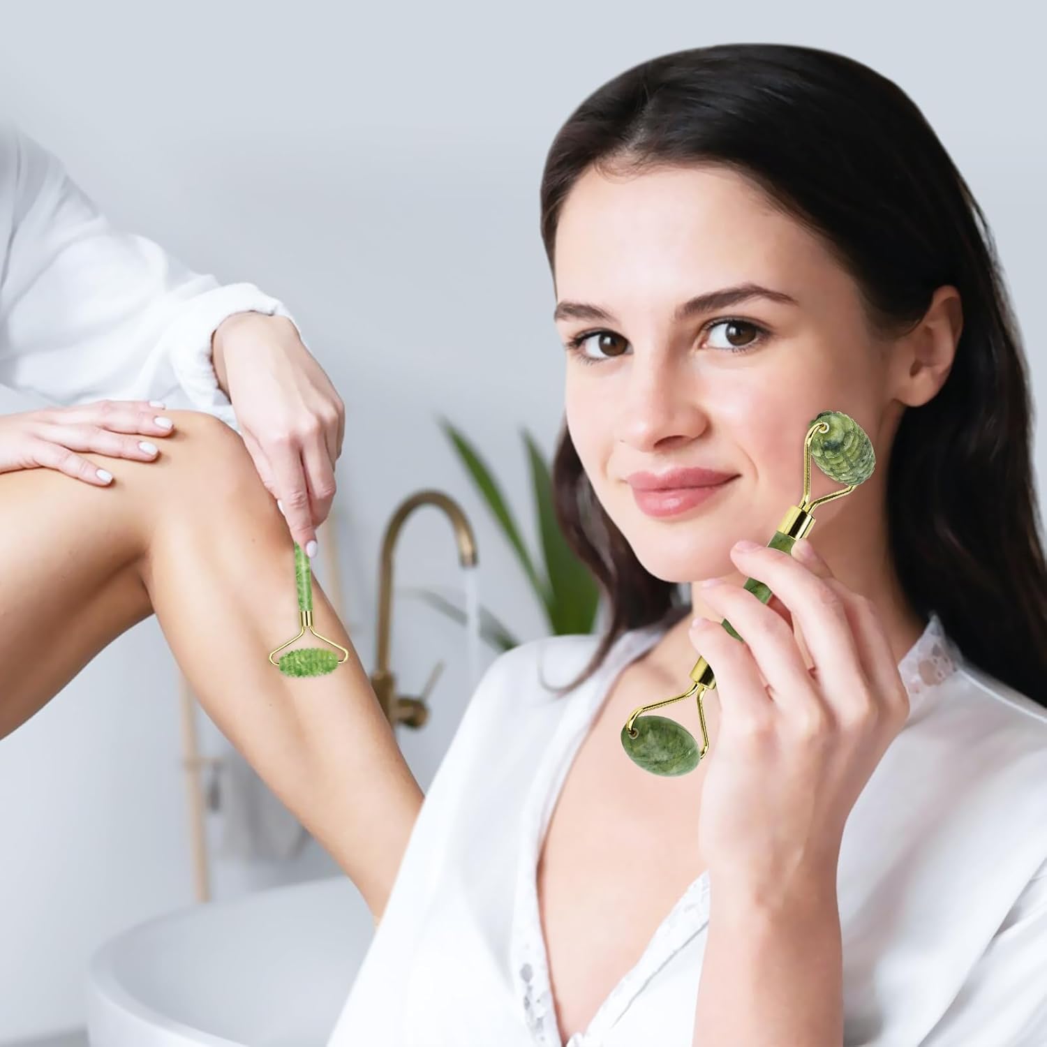 Cooling Natural Jade Face Roller & Gua Sha Tool | 5-in-1 Skincare Kit for Depuffing & Jawline Sculpting, Self Care Beauty Gifts for Women - Image 4