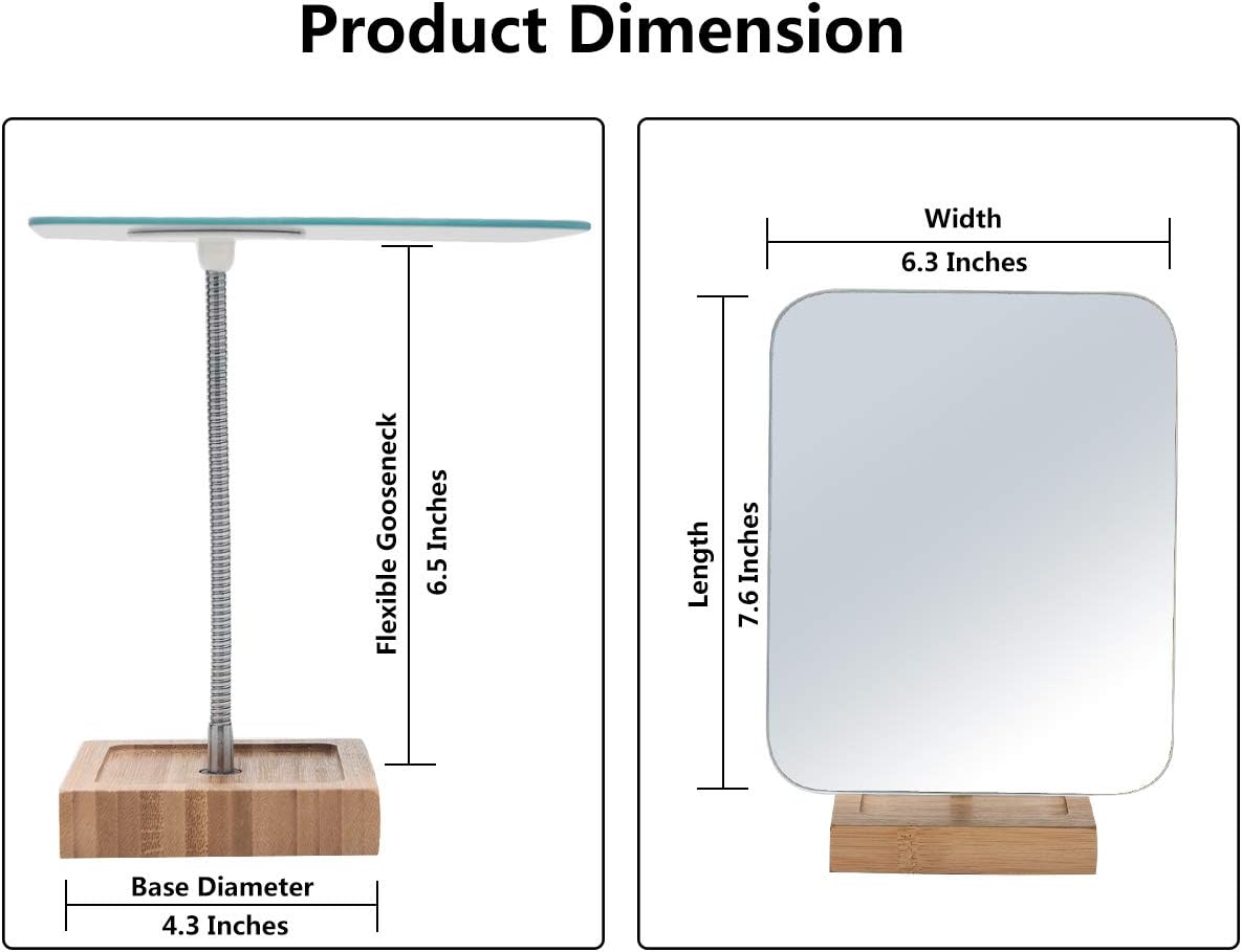 YEAKE Flexible Gooseneck Bamboo Vanity Makeup Mirror,360°Rotation 8" Large Frameless, Folding Portable Table Desk Mirror with Stand for Bathroom Shaving Make Up, Rectangle - Image 2