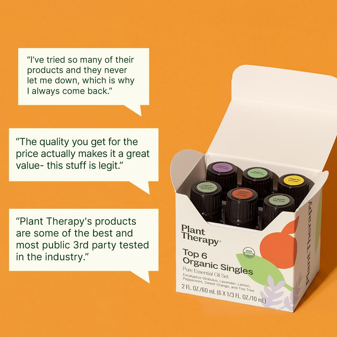 Plant Therapy Top 6 USDA Organic Essential Oil Set for Diffusion & Topical | Includes Lavender, Peppermint, Eucalyptus, Lemon and Tea Tree Pure Essentail Oils, 10 mL (1/3 oz) Each - Image 3