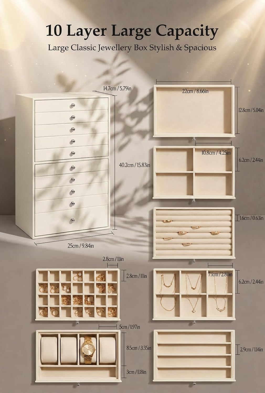 GUKA Large Jewelry Box, Jewelry Case with 10 Drawers for Big and Small Jewelry, Jewelry Storage Organizer for Watch Earrings Necklace Rings Bracelets, Birthday Wedding Gifts, White - Image 6