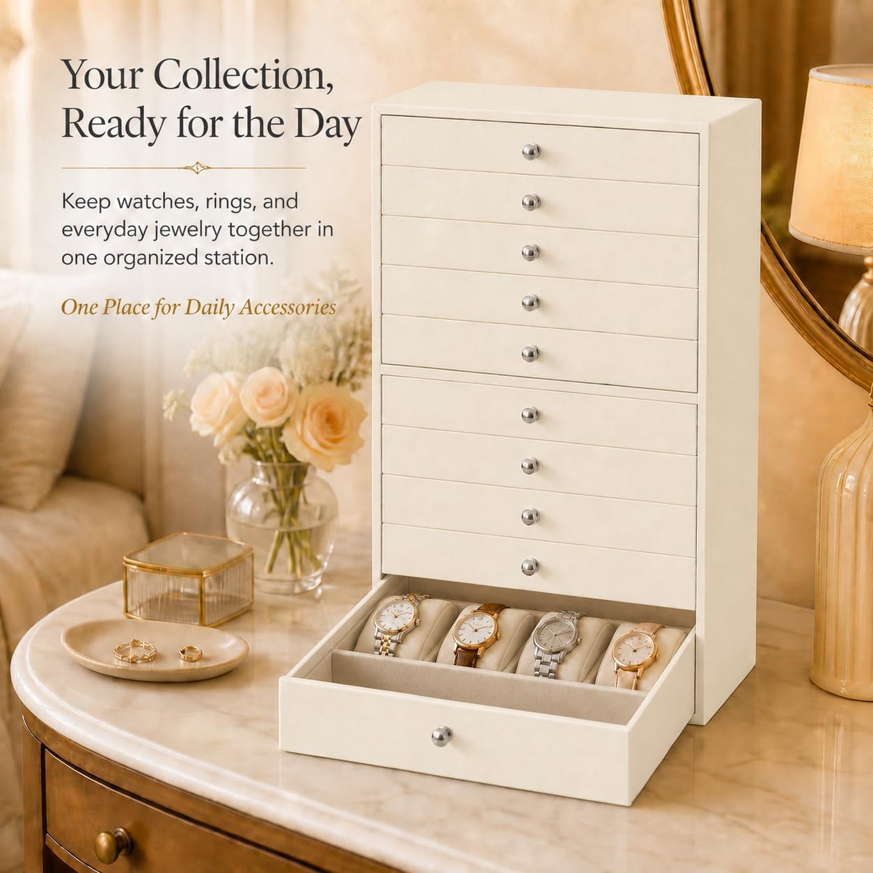 GUKA Large Jewelry Box, Jewelry Case with 10 Drawers for Big and Small Jewelry, Jewelry Storage Organizer for Watch Earrings Necklace Rings Bracelets, Birthday Wedding Gifts, White - Image 5
